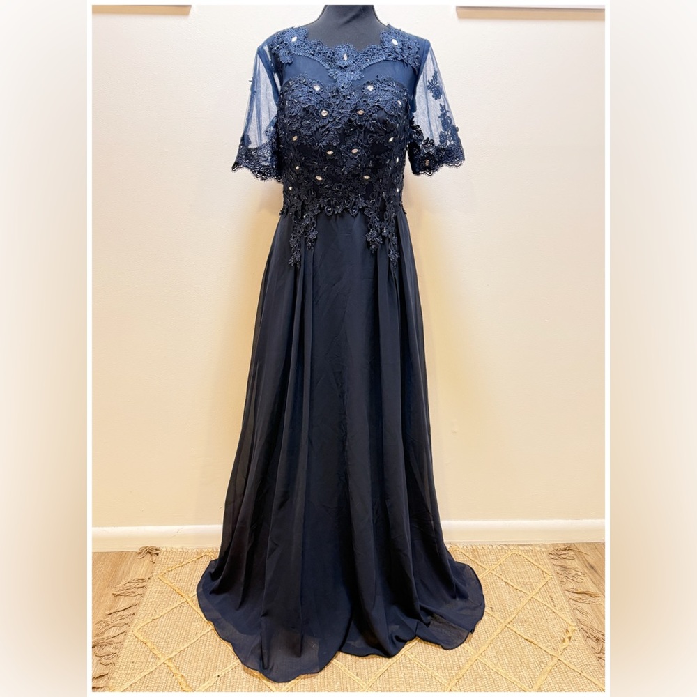 JJs House Navy Lace Appliqué Chiffon Maxi Dress